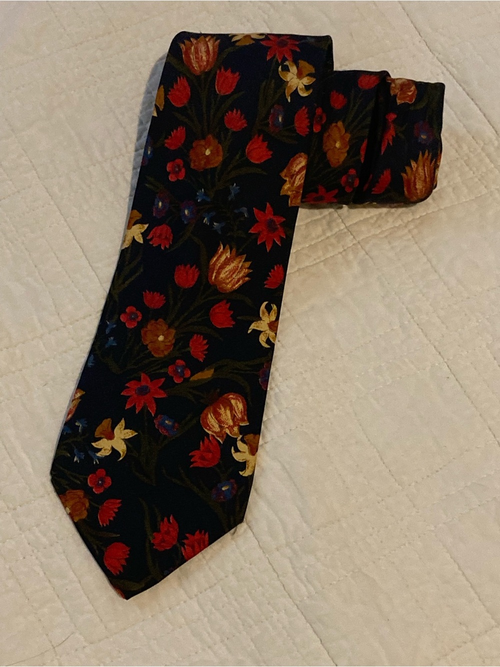 Brooks Brothers Navy Silk Tie with Red & Gold Floral Print